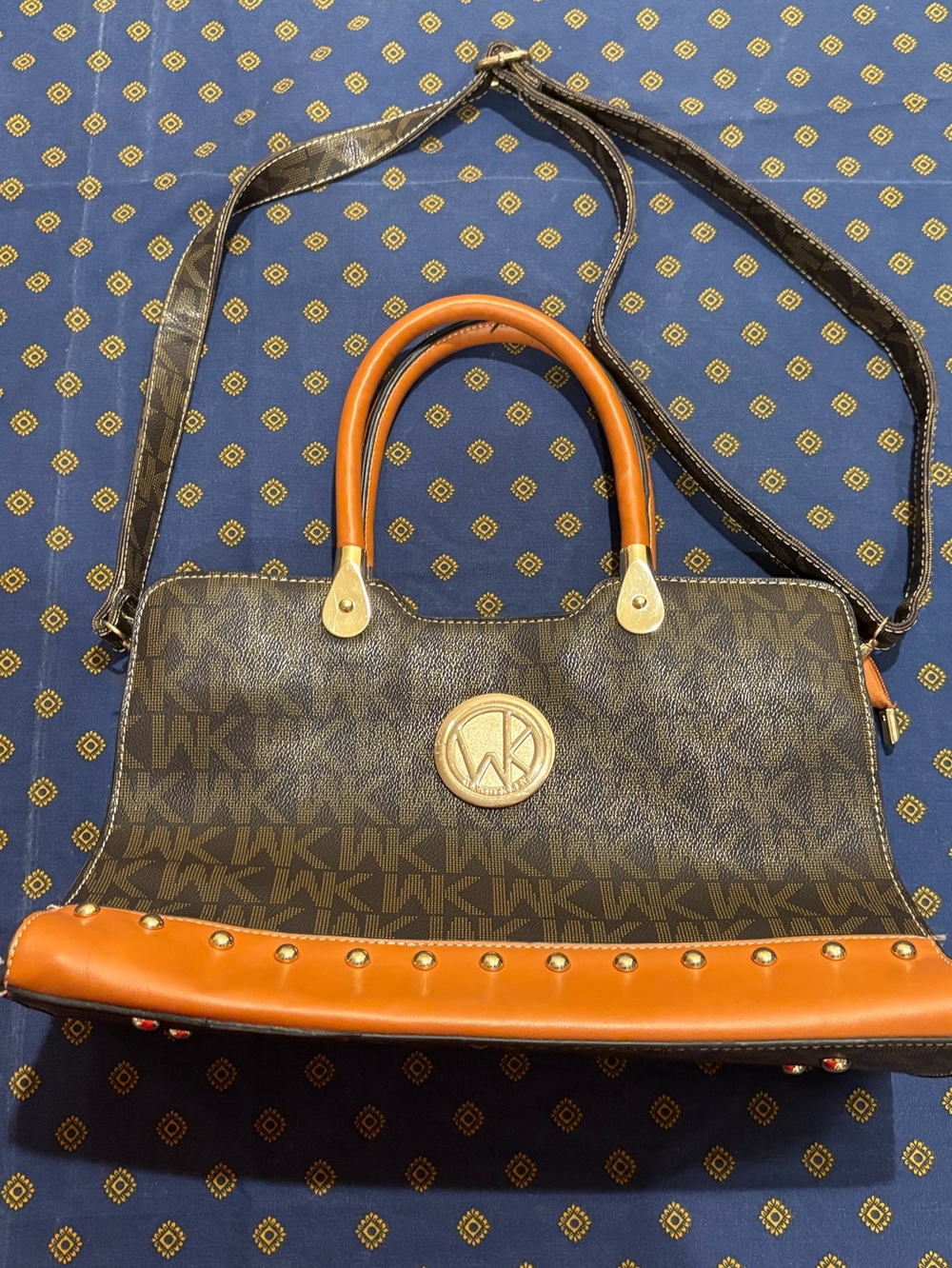 Michael Kors Brown Monogram Satchel with Tan Trim and Gold Hardware